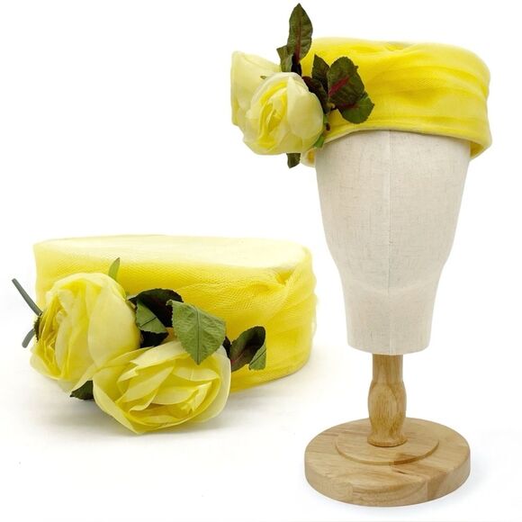 Vintage 1950s Lemon Yellow Pillbox Hat with Roses & Tulle Netting Union Made USA - Picture 14 of 14
